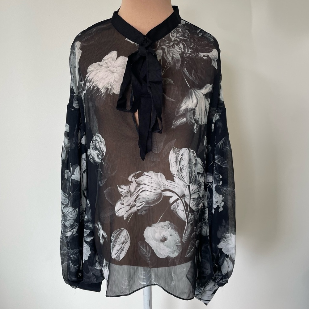 Sachin & Babi Floral Chiffon Black Sheer Keyhole Neck Sash Long Sleeve Blouse 4